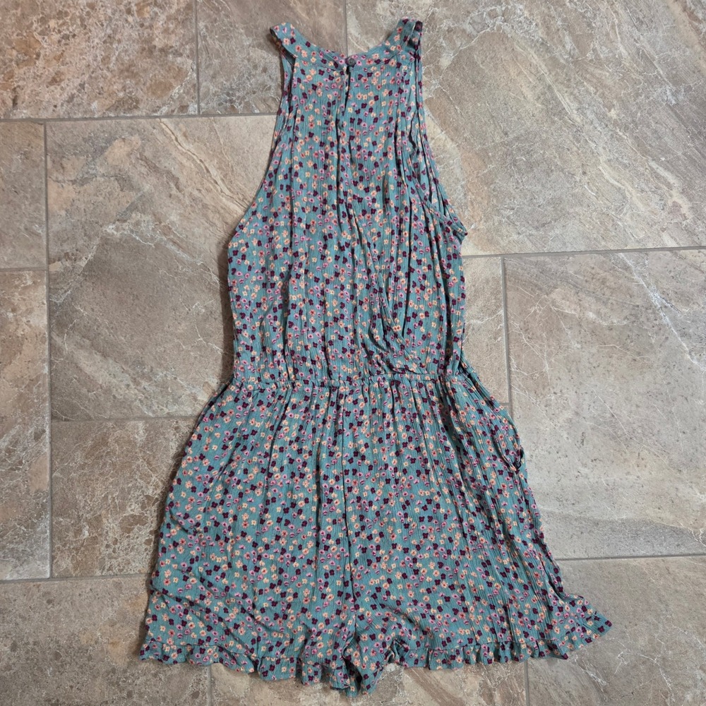 Mossimo Supply Co Floral Romper Teal Pink Yellow Ruffle Sleeveless S Boho Pocket - Picture 7 of 9